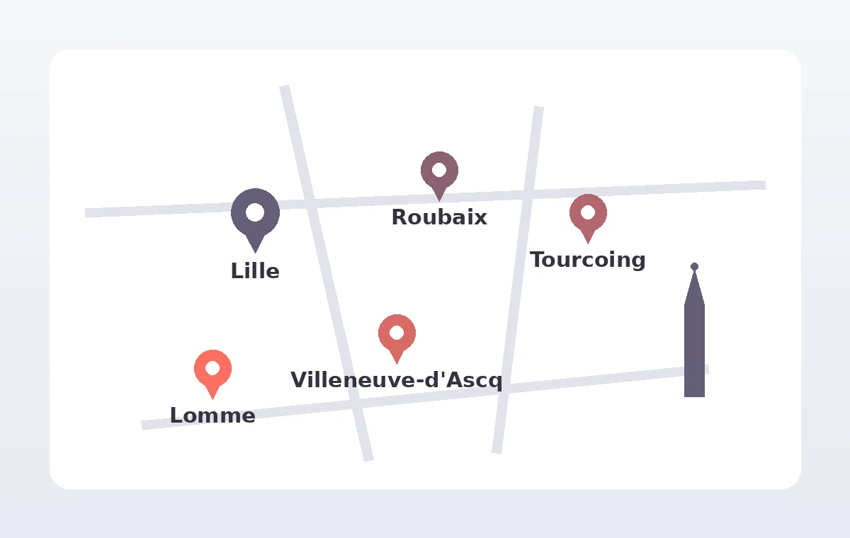 Métropole lilloise : carte des communes Lille, Roubaix, Tourcoing et Villeneuve-d'Ascq couvertes par l'agence de référencement